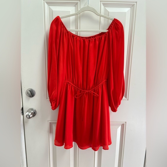 Lovers + Friends Red Satin Off-the-Shoulder Fit & Flare Dress Size Medium - Picture 1 of 8